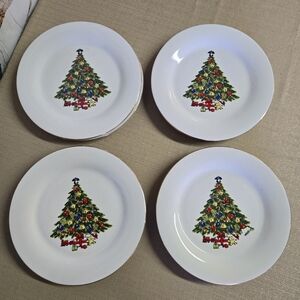 SEA GULL | FOUR  (4) Vintage Christmas Tree Gold-Lined Fine China Dinner Plates